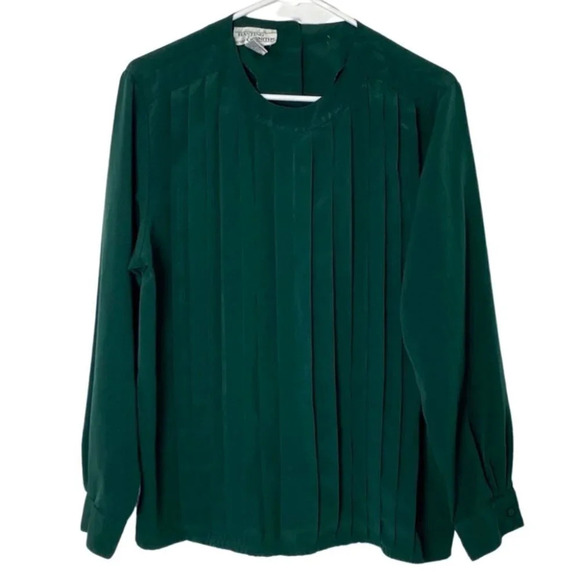 Vintage 80s Granny Pintuck Pleated Blouse Size 12 Large Hunter Green Matte Satin - Picture 1 of 10